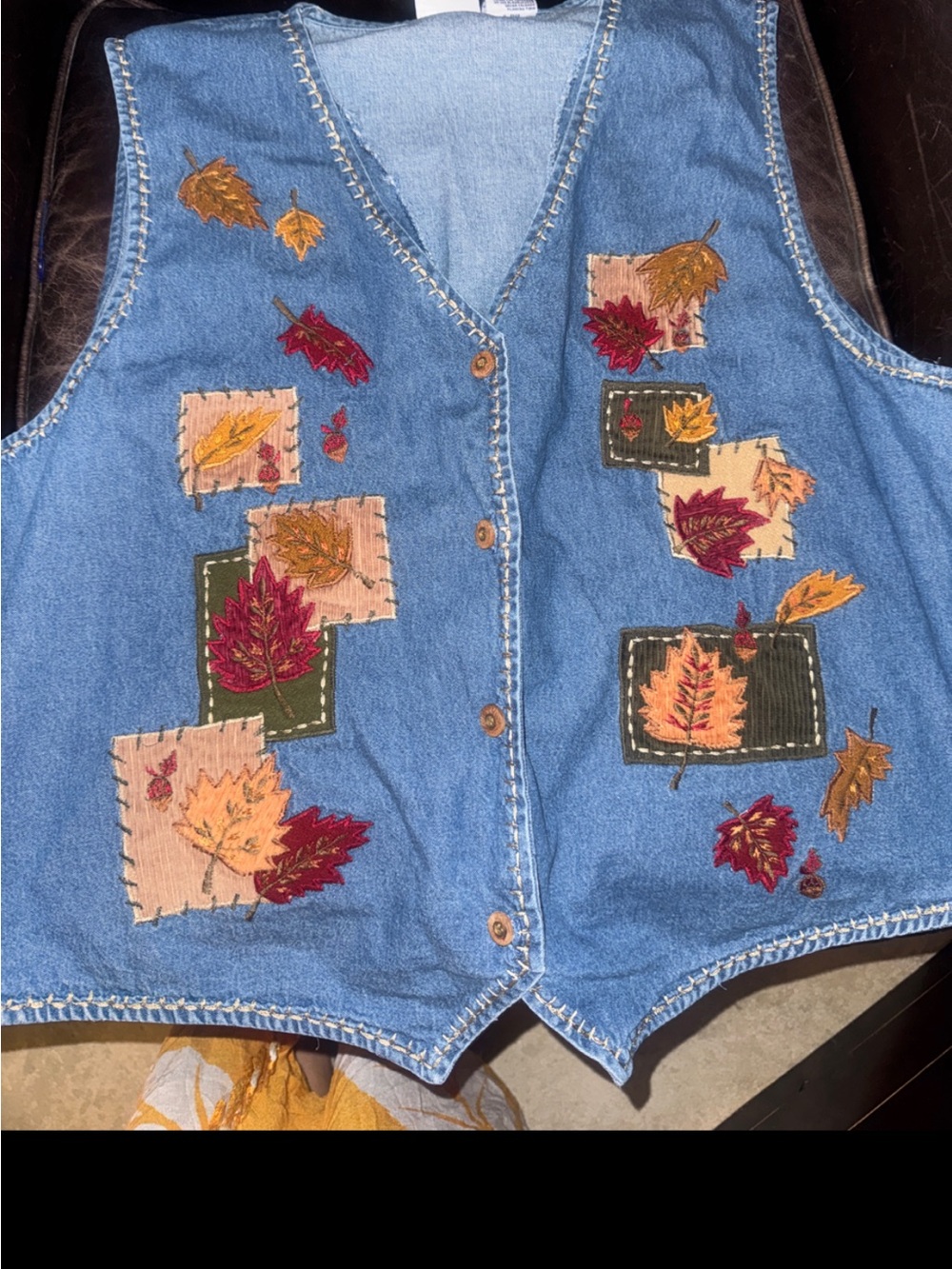 Embroidered grandmacore Denim Vest with Autumn Leaf Appliqués